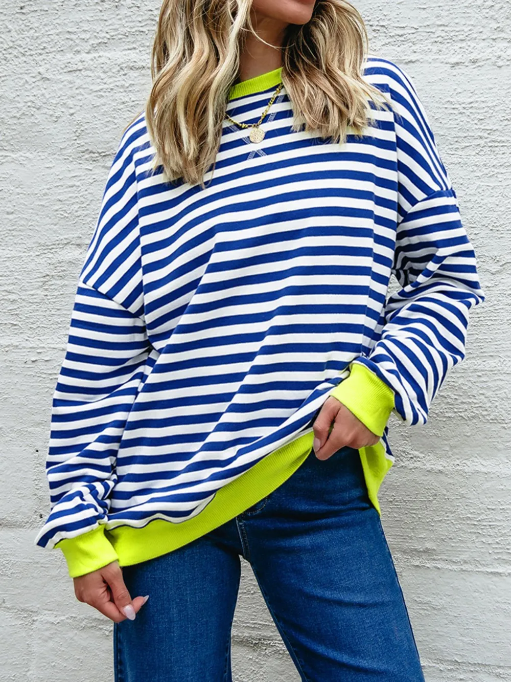 Striped Contrast Ribbed Trim Drop Shoulder Sweatshirt
