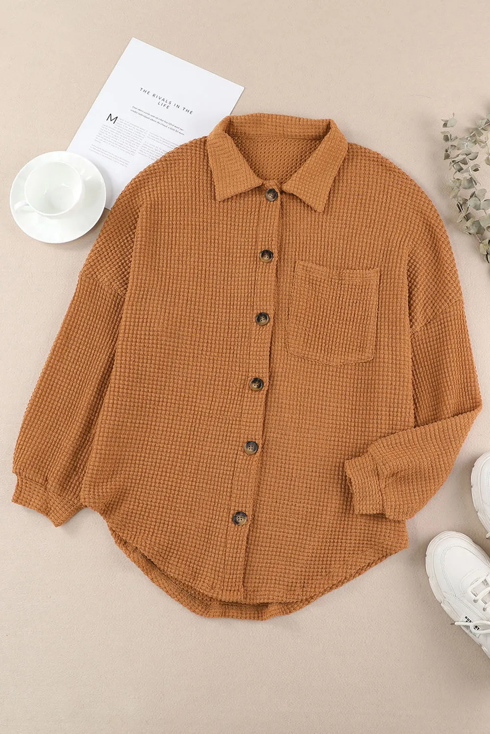 Waffle-Knit Collared Neck Long Sleeve Shirt, image 12