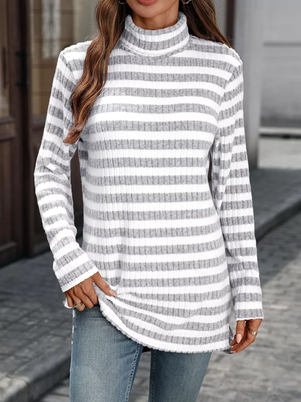 Striped Turtleneck Long Sleeve Knit Top, image 9