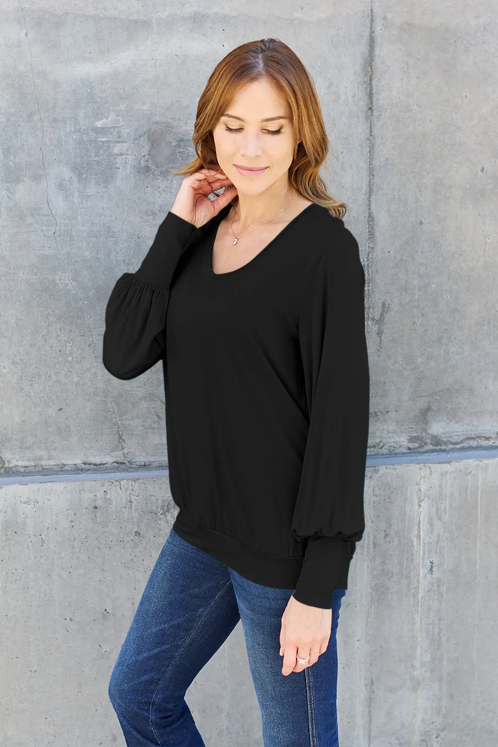 Full Size V-Neck Lantern Sleeve Top, image 9