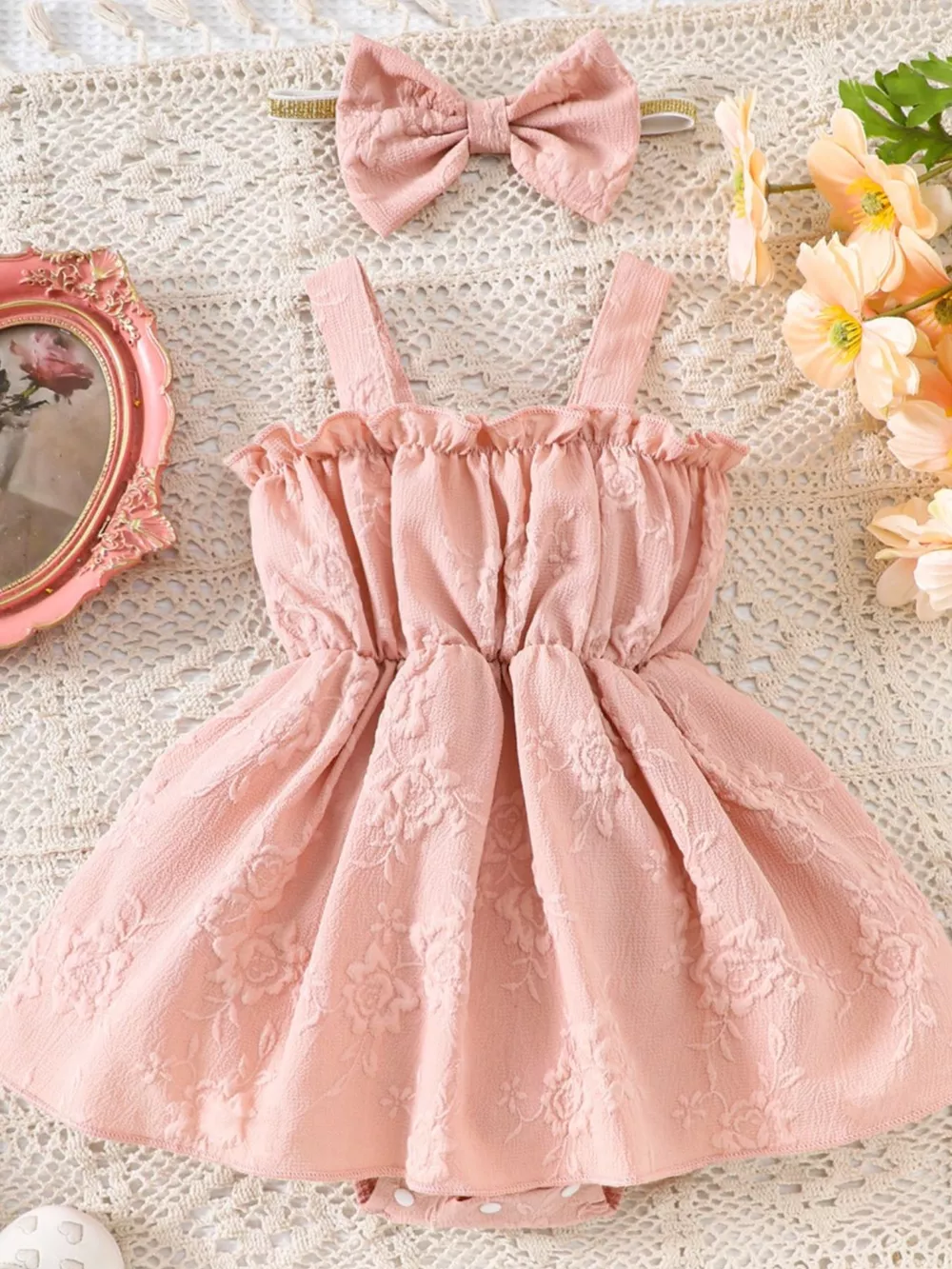 Children's Floral Embossed Ruffle Trim Baby One-Piece with Headband