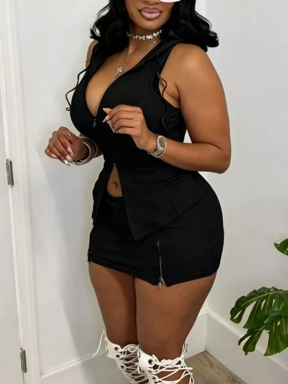 Hooded Zippered Sleeveless Top and Skirt Set, image 5