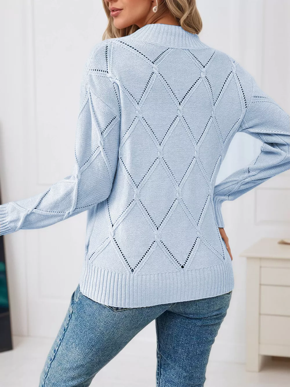 Long Sleeve Diamond Eyelet Knit Top, image 9