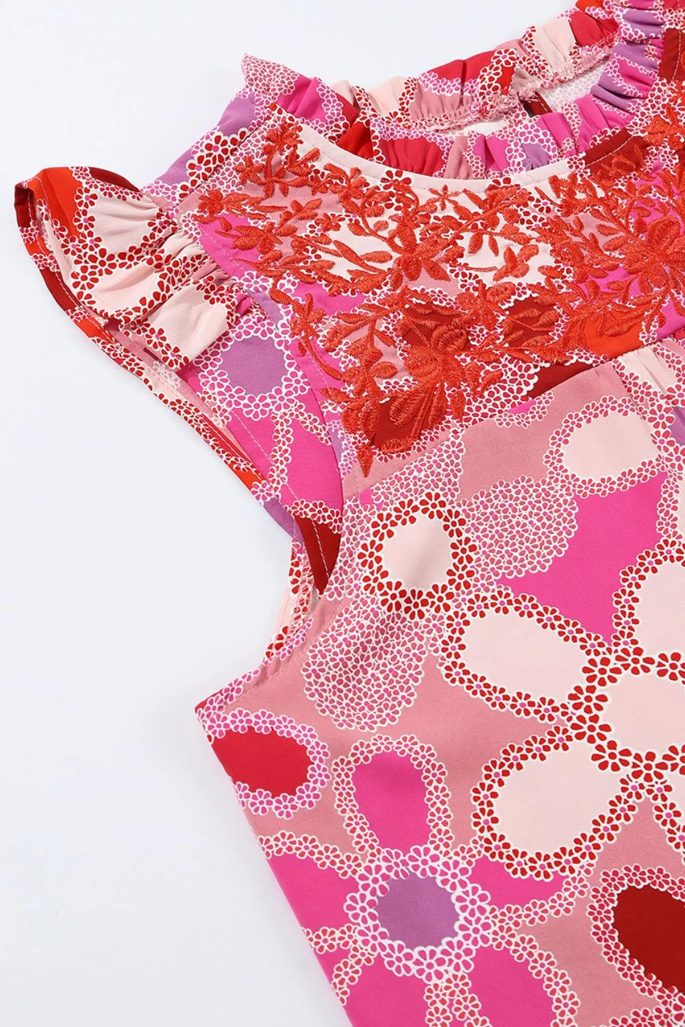Embroidered Detail Floral Ruffle Cap Sleeve Blouse, image 5