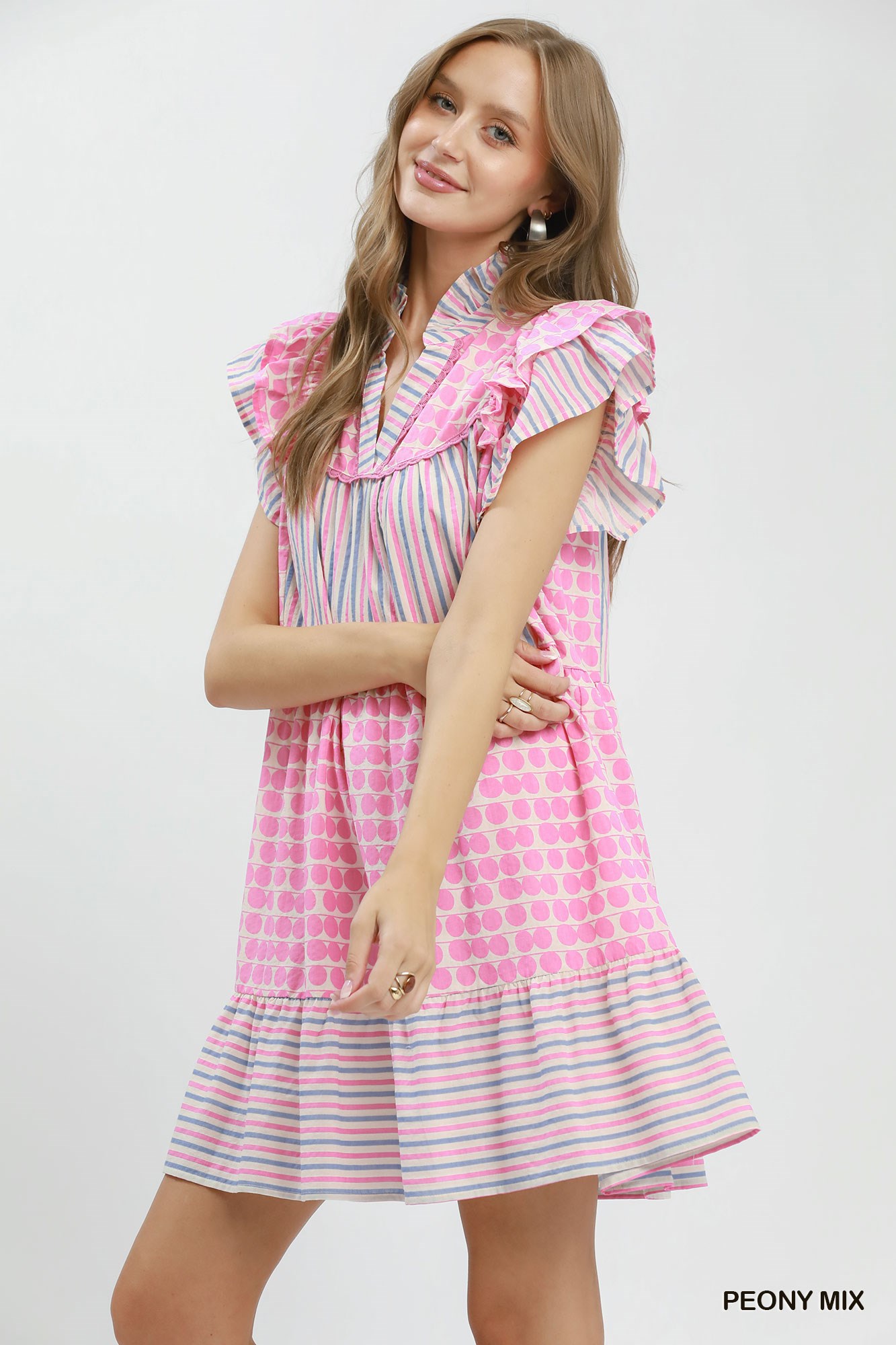 Mix Patchwork Flutter Sleeve Tiered Dress, image 2