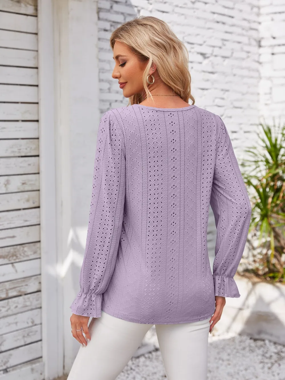 Applique V-Neck Flounce Sleeve T-Shirt, image 4