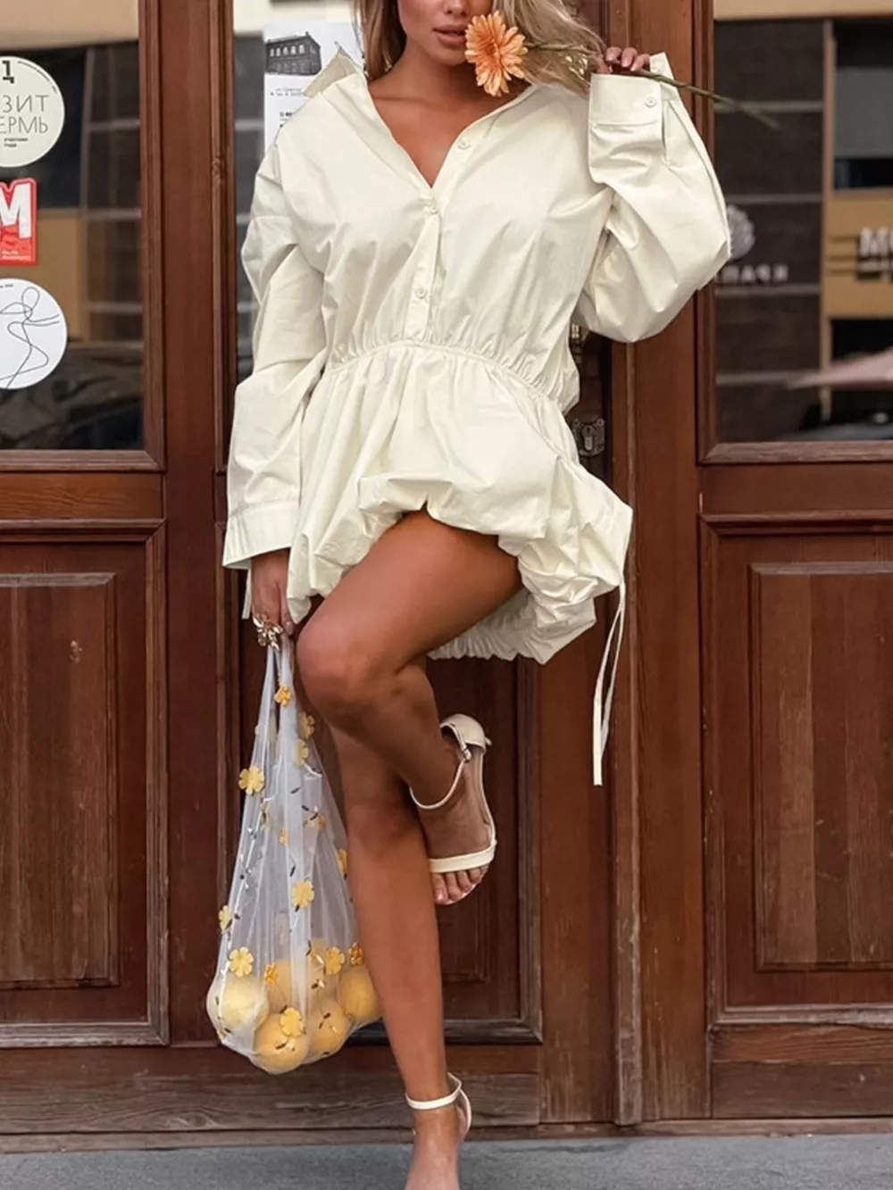 Button Front Bubble Hem Dress, image 3
