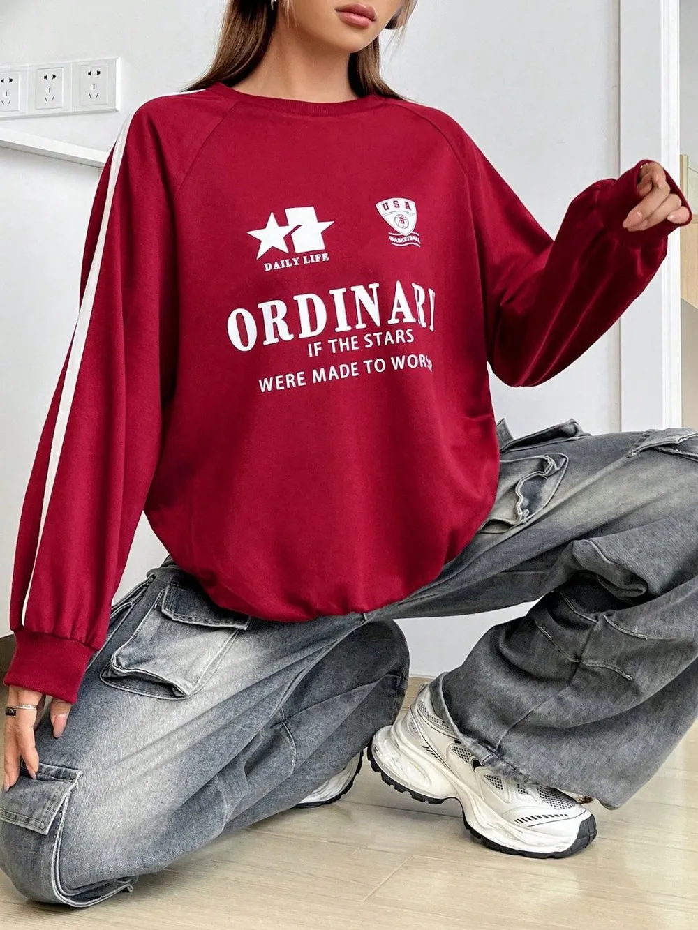 Letter Graphic Round Neck Long Sleeve Sweatshirt, image 5
