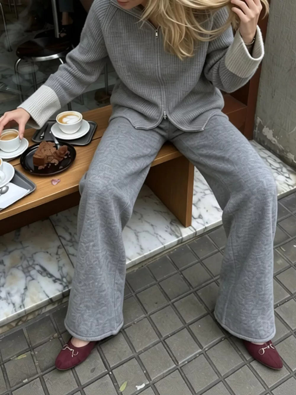 Zip-Up Contrast Cuff Cardigan and Pants Sweater Set, image 14