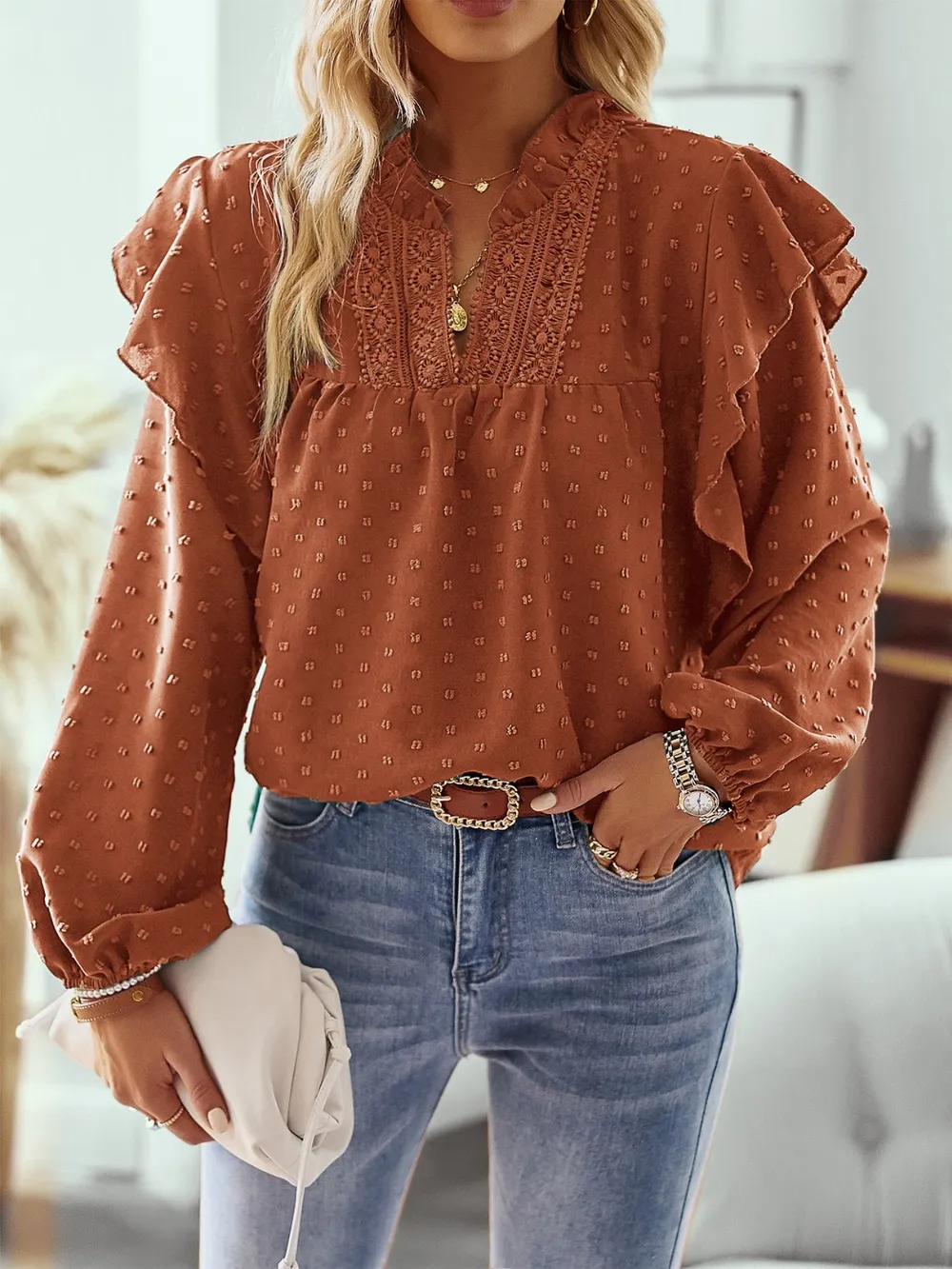 Swiss Dot Ruffled Long Sleeve Blouse, image 14