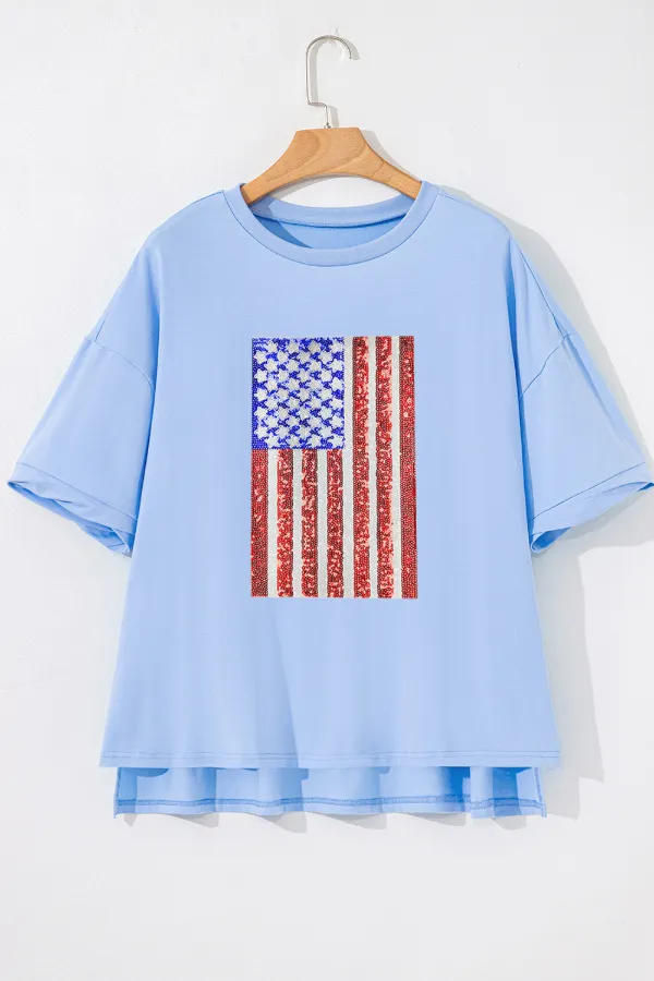 Sequined American Flag Dropped Shoulder T Shirt, image 2