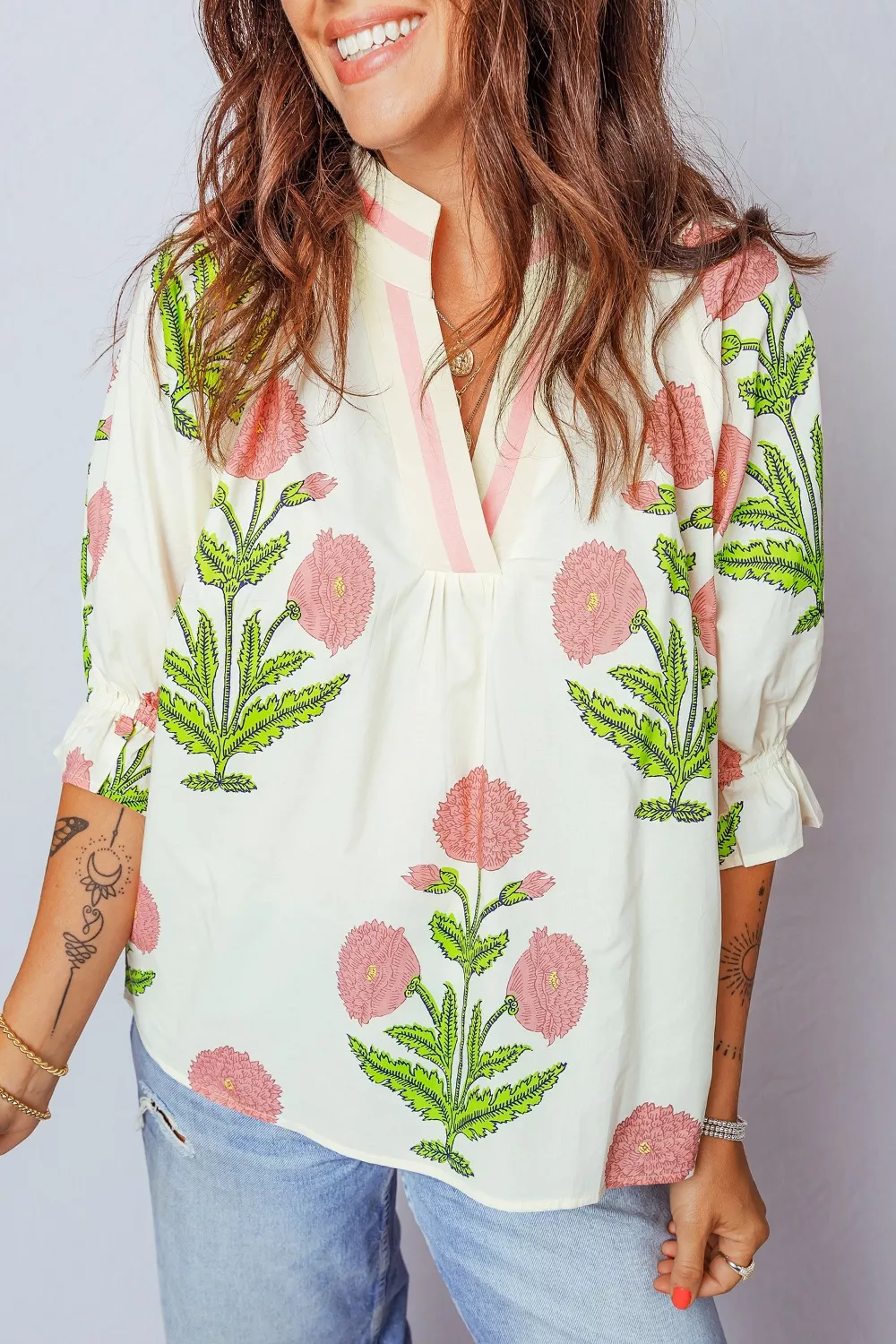 Floral Print Notched Ruffled Sleeve Blouse, image 4
