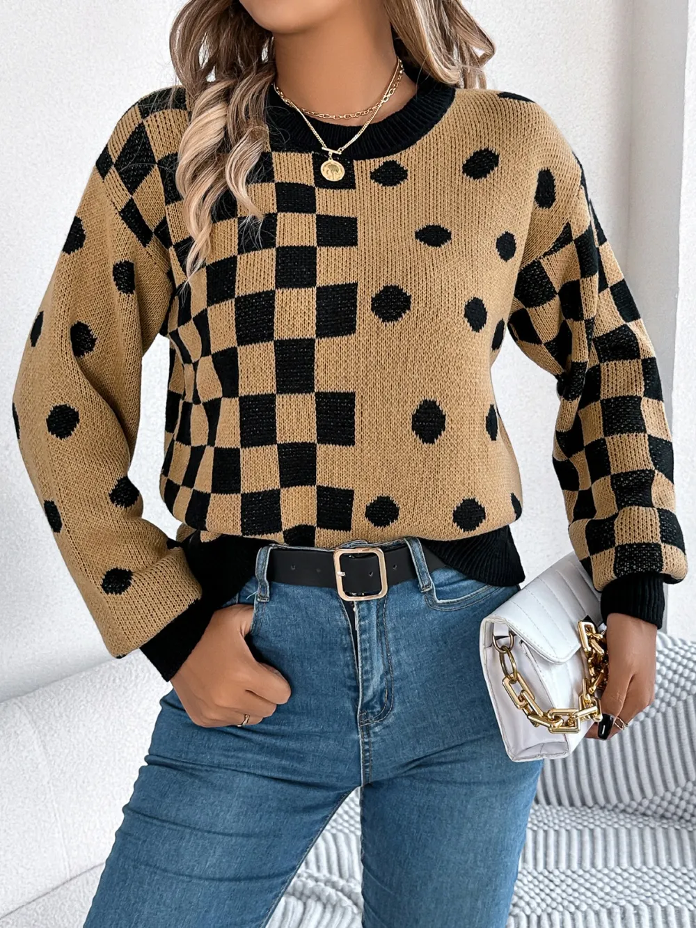 Plaid Round Neck Long Sleeve Sweater, image 17
