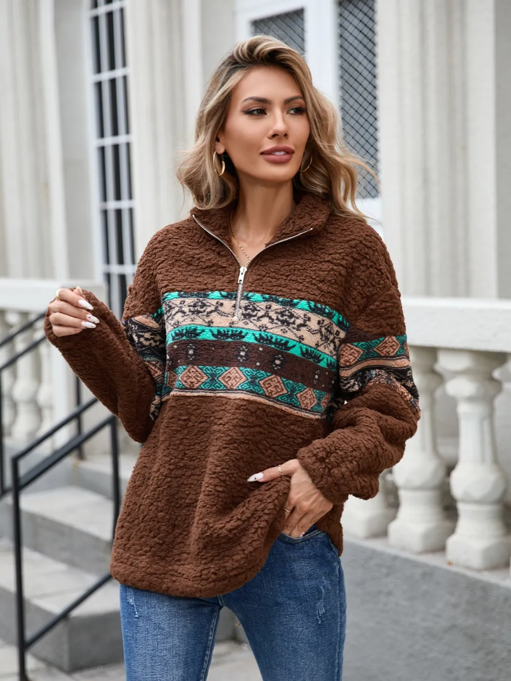 Half Zip Long Sleeve Fuzzy Top, image 5