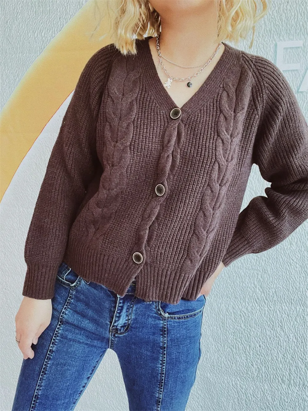 Cable-Knit V-Neck Button Down Long Sleeve Cardigan, image 4