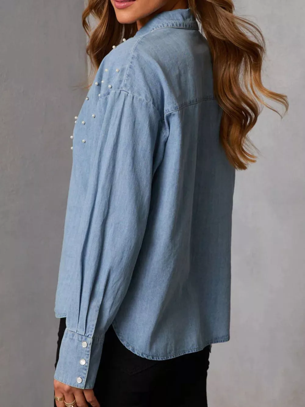 Pearl Embellished Button Up Denim Shirt, image 4