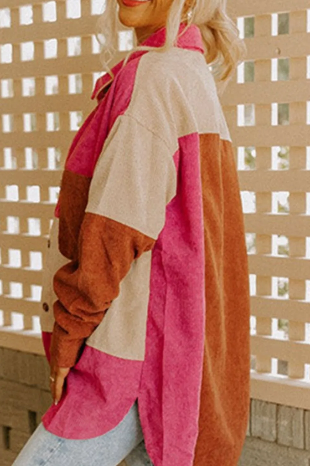 Color Block Curved Hem Corduroy Shacket with Pocket, image 2