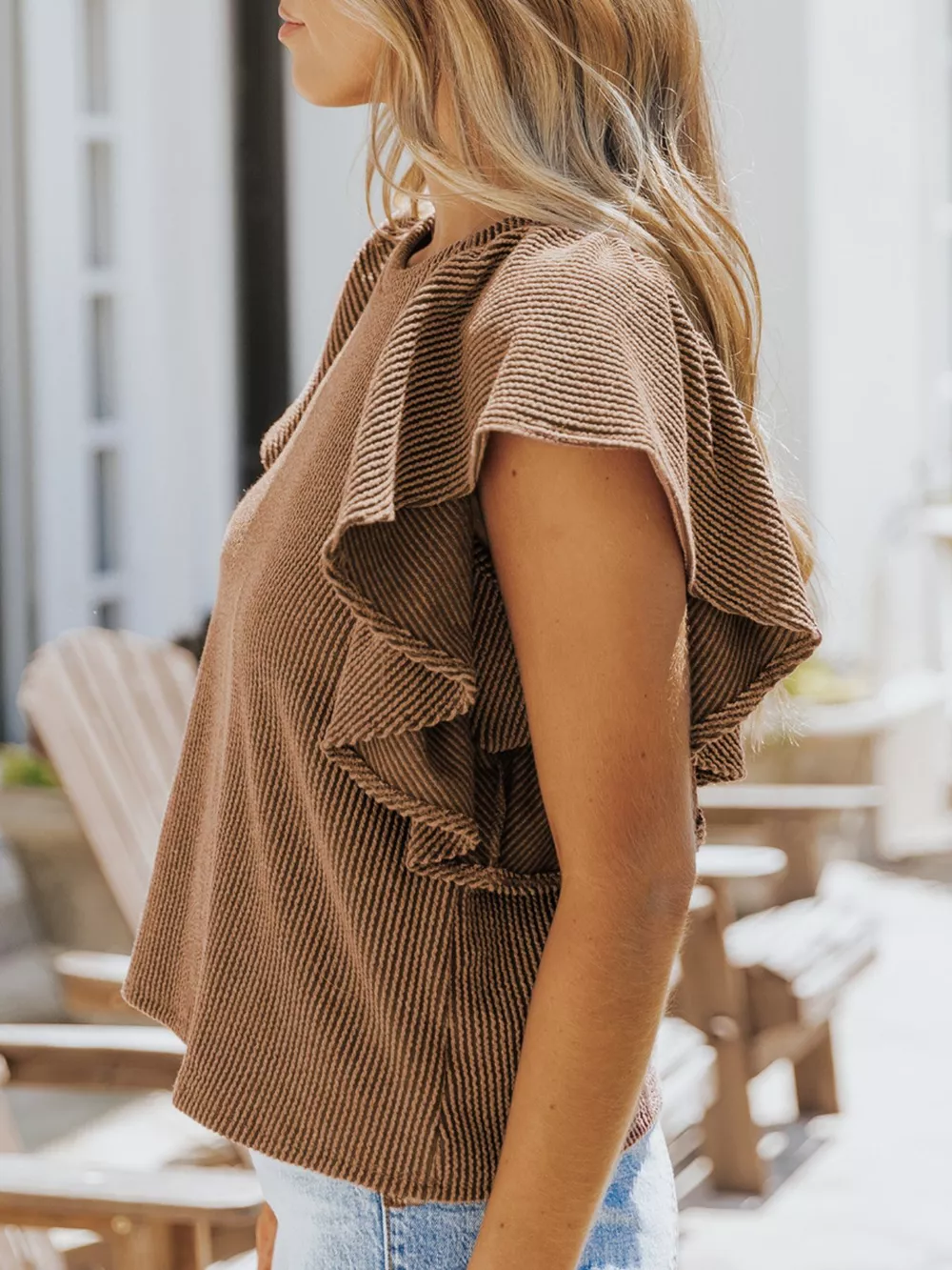 Full Size Ruffled Sleeve Ribbed Knit T-Shirt Plus Size, image 6
