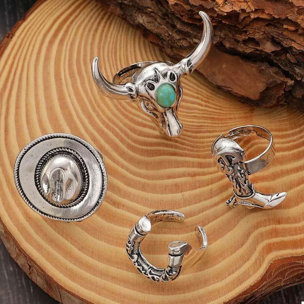 4 Piece Vintage Western Style Bull Head Rings, image 6