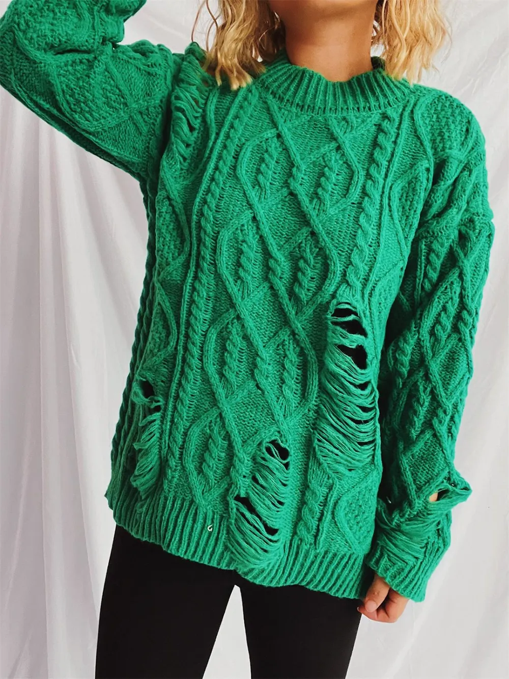 Distressed Cable-Knit Round Neck Long Sleeve Sweater, image 5