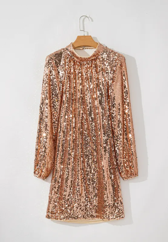 Backless Sequin Mock Neck Long Sleeve Mini Dress, image 5