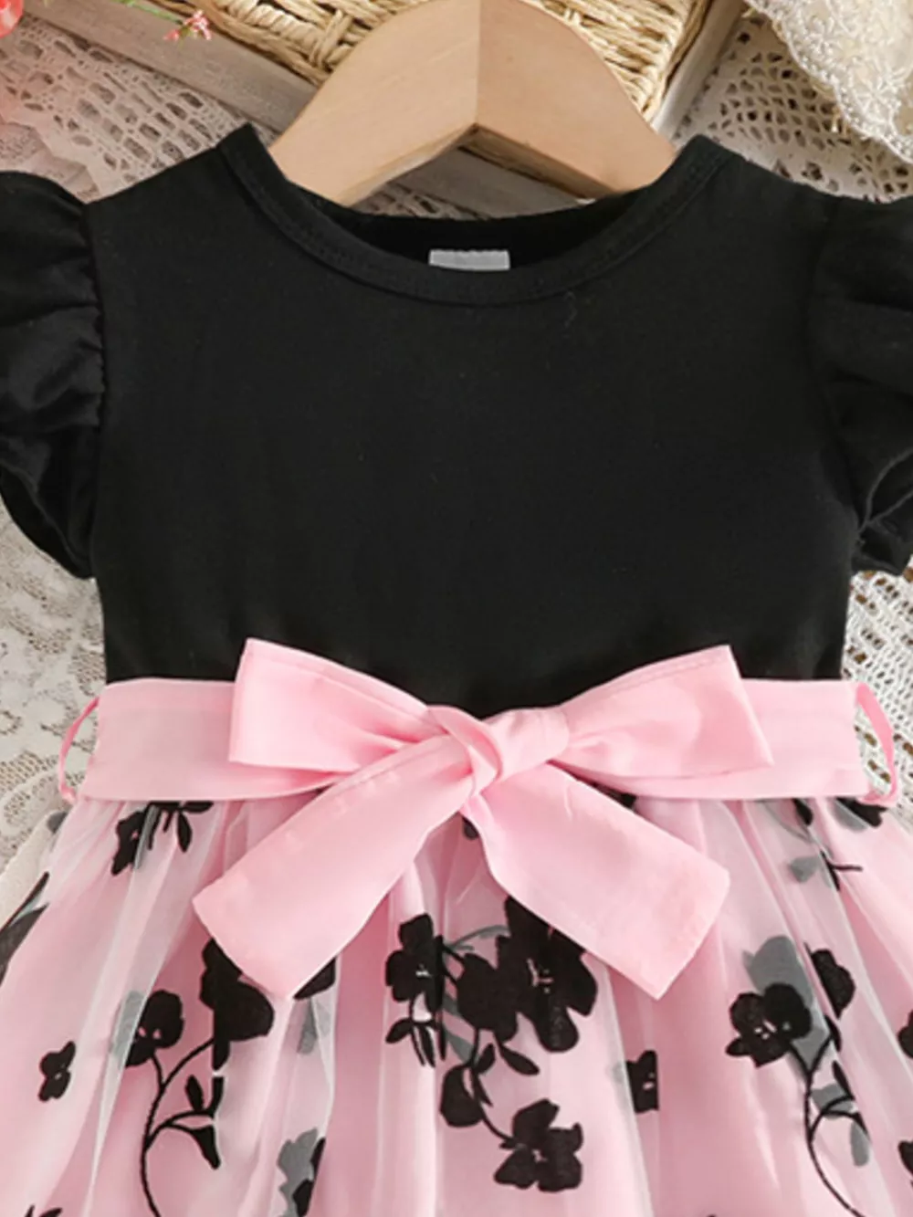 Children's Floral Print Mesh Bowknot Toddler Dress, image 5