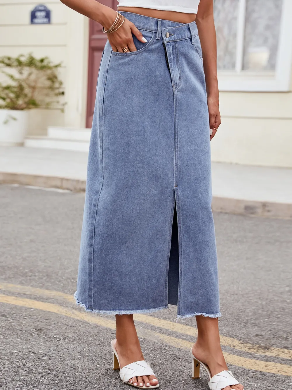 Slit Asymmetrical Waist Denim Skirt, image 2