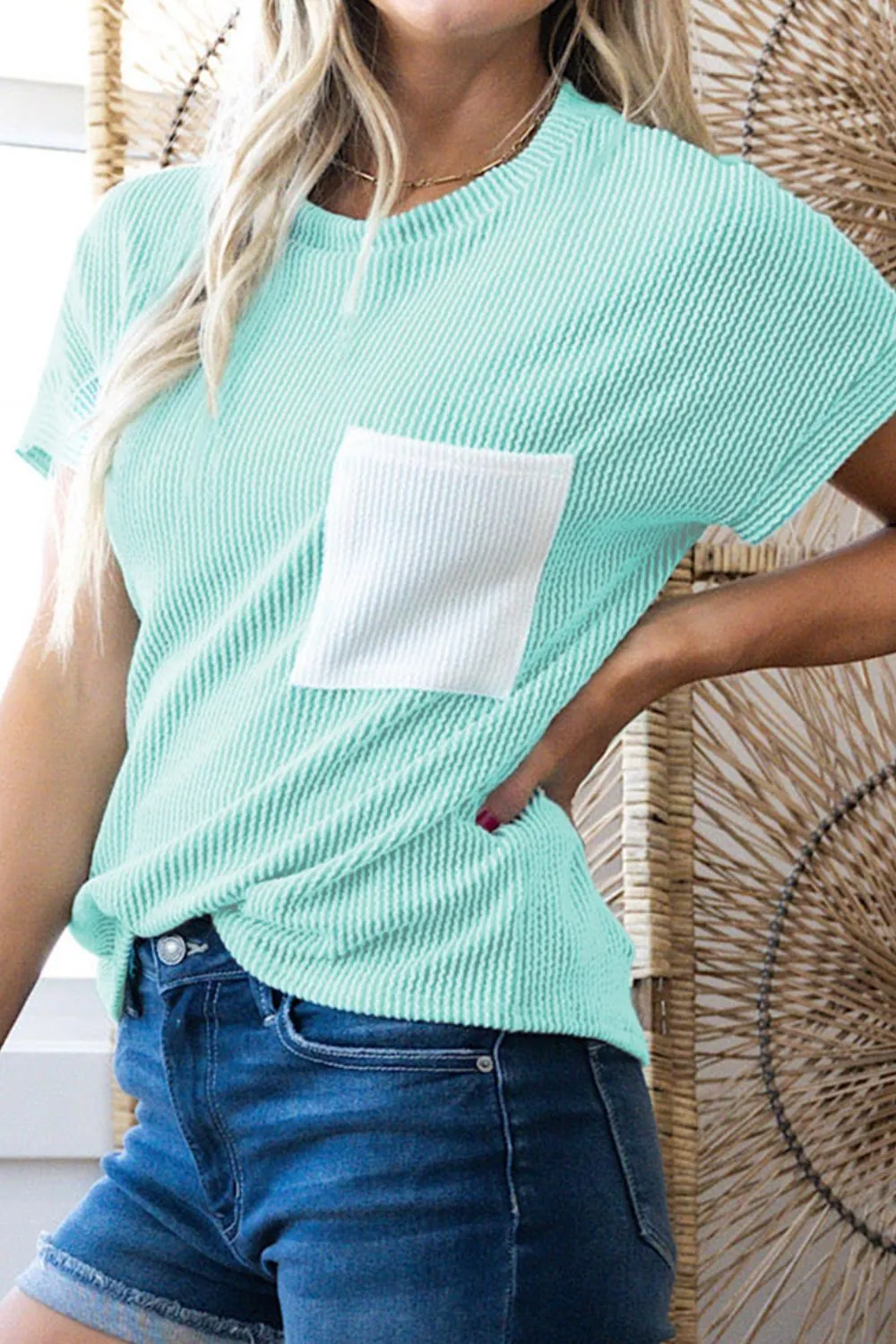 Corded Knit Color Block Pocketed Crew Neck T Shirt, image 6