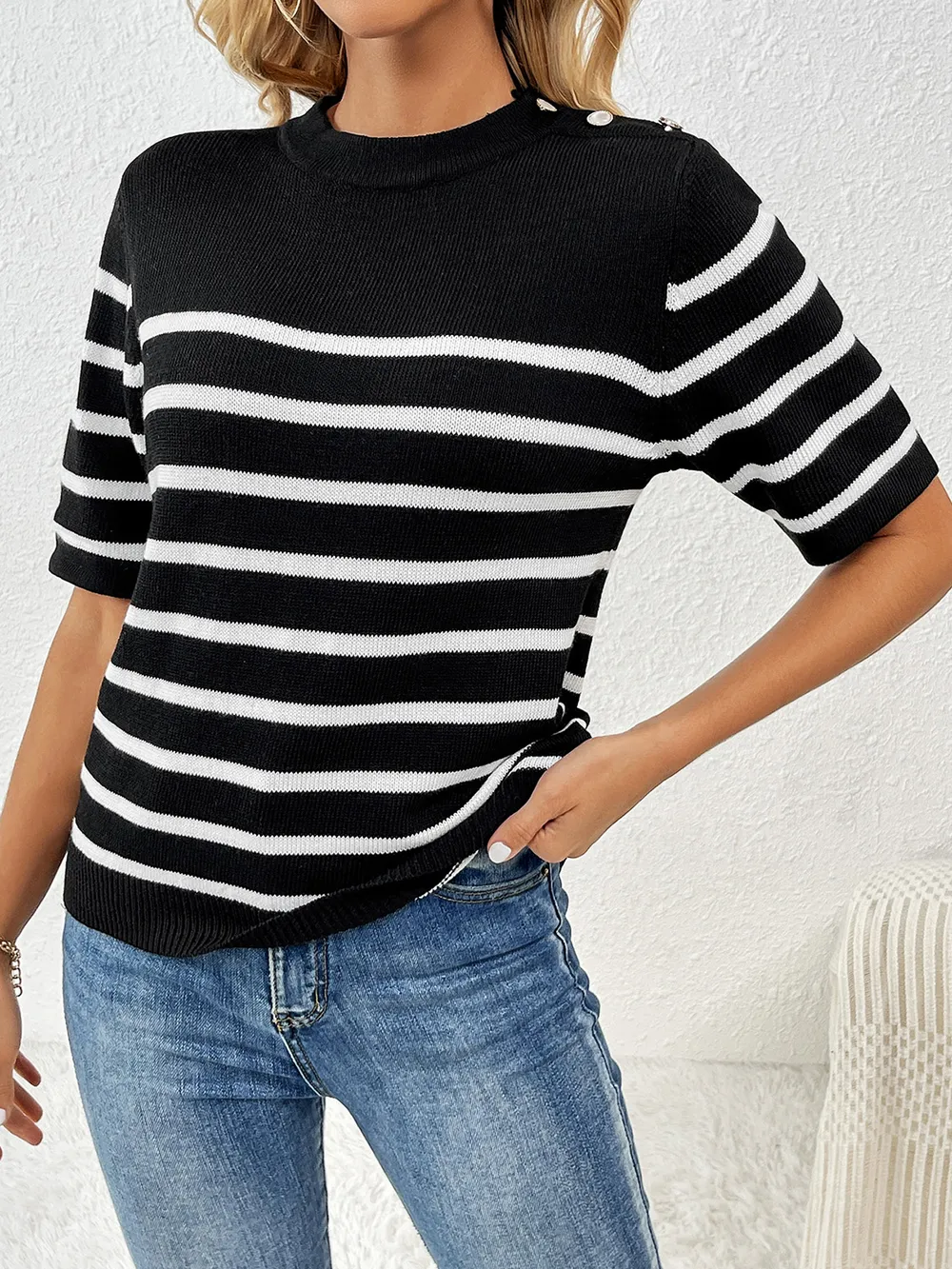 Striped Round Neck Half Sleeve Knit Top, image 3