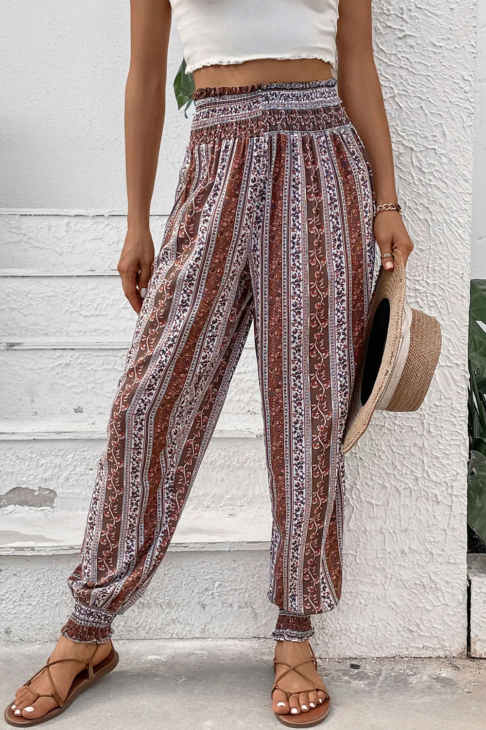 Smocked Printed High Waist Pants, image 2
