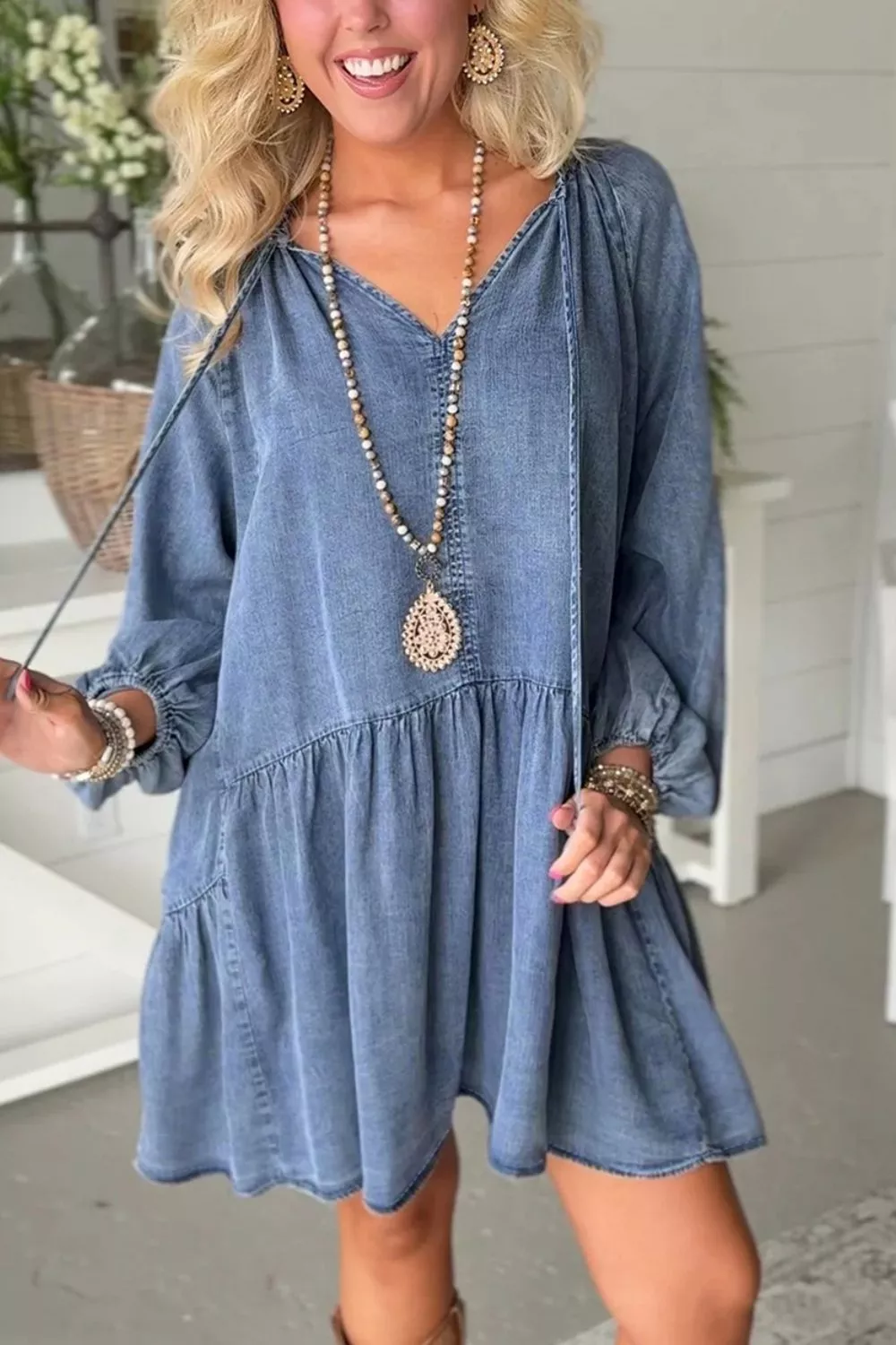 Puff Sleeve V Neck Ruffled Loose Denim Mini Dress, image 6