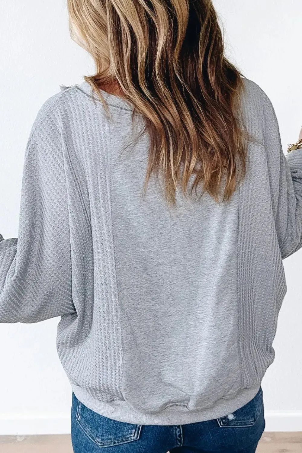 Waffle-Knit Round Neck Long Sleeve Top, image 3