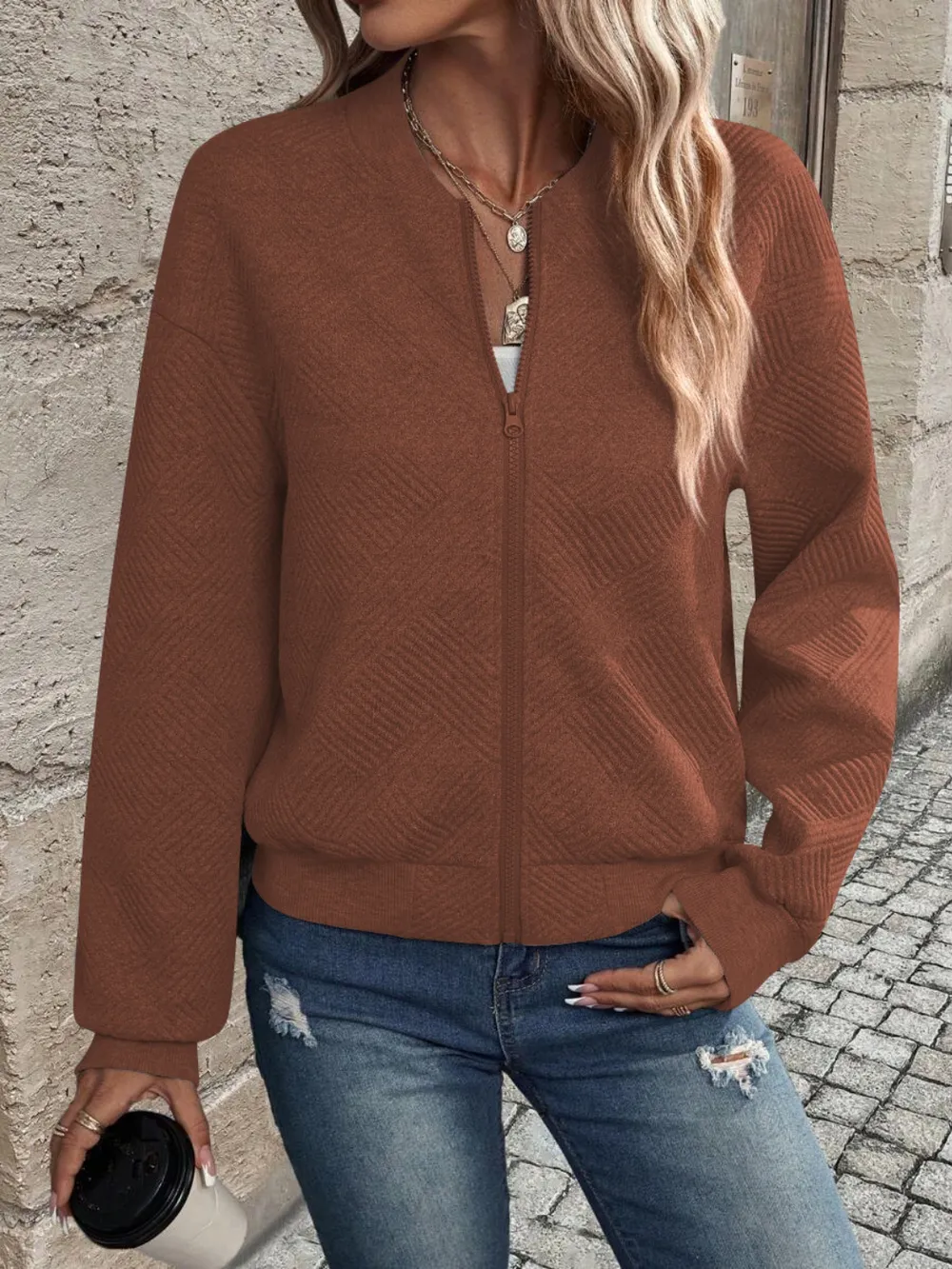 Textured Zip Up Long Sleeve Jacket, image 18