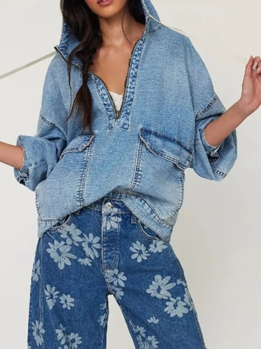 Half Zip Hooded Denim Top, image 8