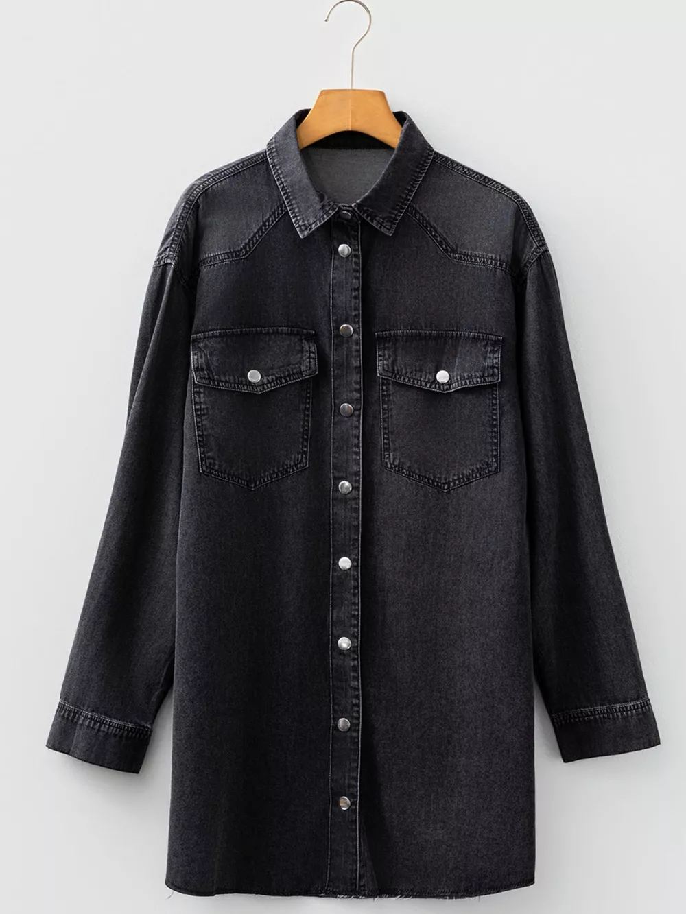 Chest Pocket Raw Hem Denim Loose Shirt Dress, image 3