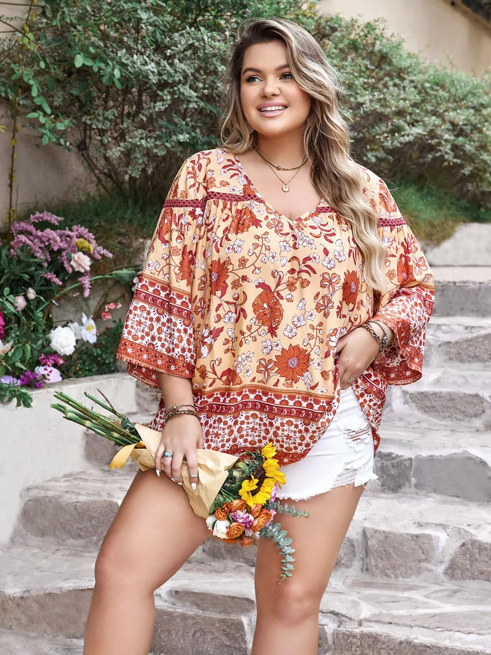Plus Size Printed V-Neck Three-Quarter Sleeve Blouse, image 4