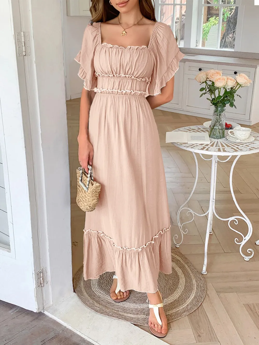 Square Neck Puff Sleeve Ruffle Trim Maxi Dress, image 4