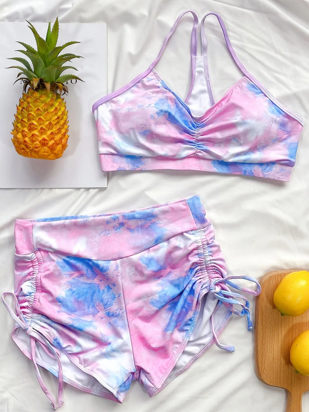 Tie-Dye Spaghetti Strap Top and Drawstring Shorts Swim Set, image 2