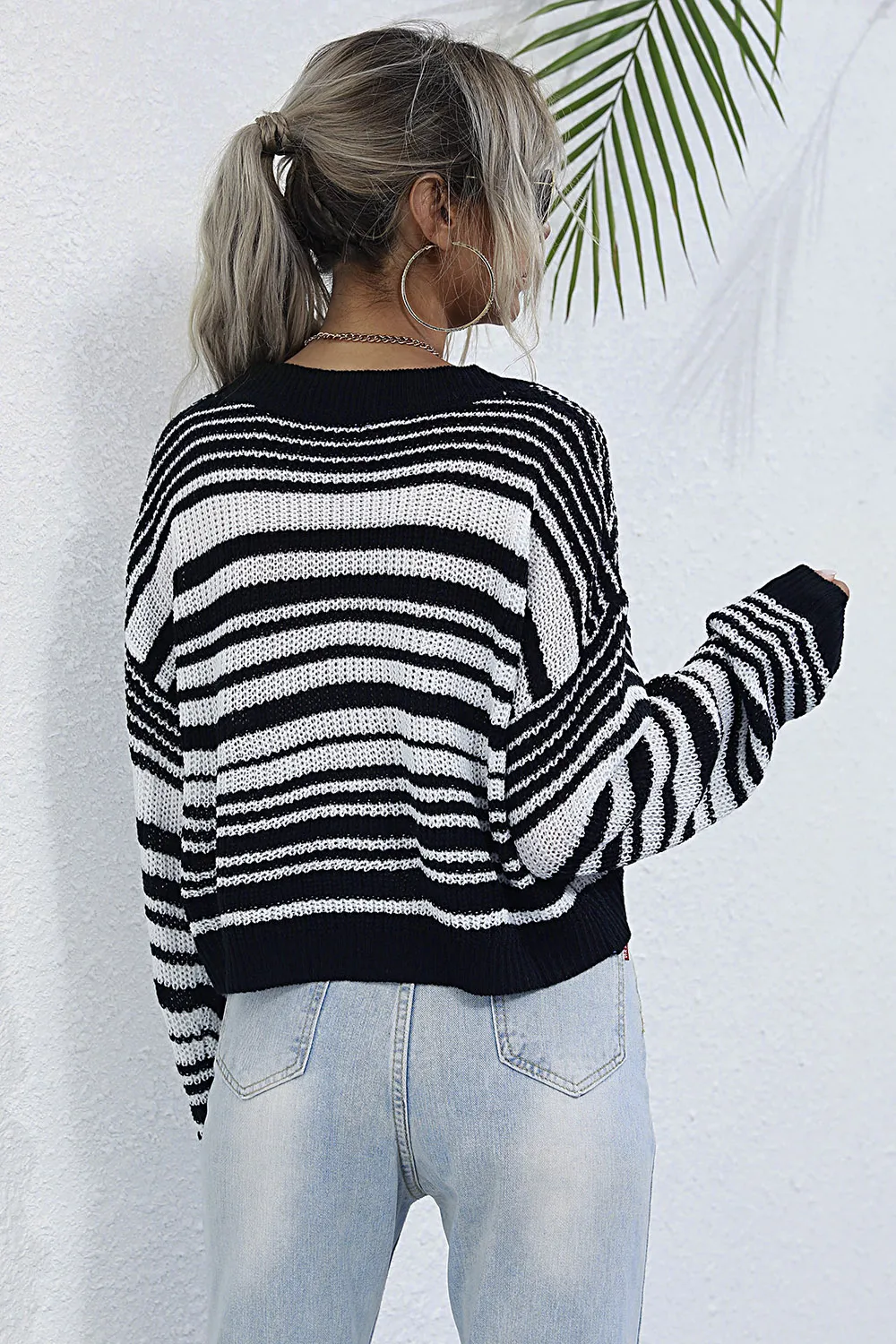 Striped Round Neck Dropped Shoulder Sweater, image 2