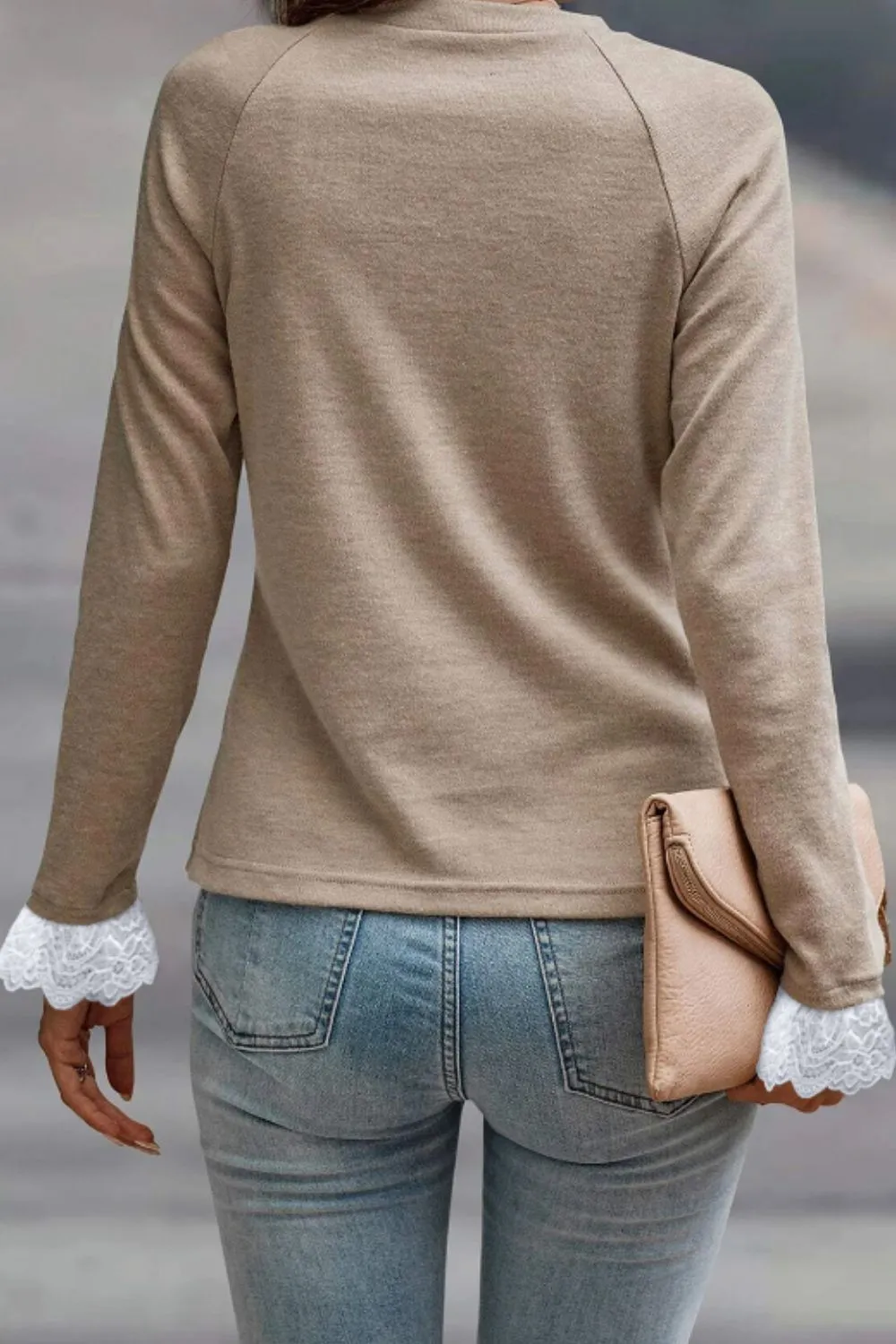 Lace Detail Round Neck Long Sleeve T-Shirt, image 3