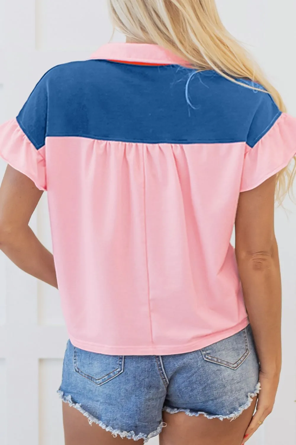Color Block Half Buttoned Ruffled Short Sleeve T Shirt, image 2