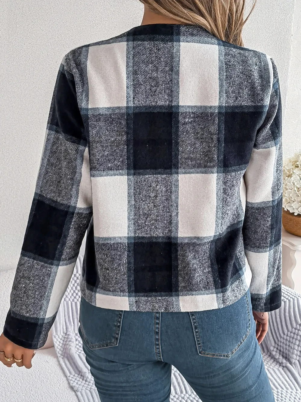 Plaid Open Front Long Sleeve Jacket, image 5