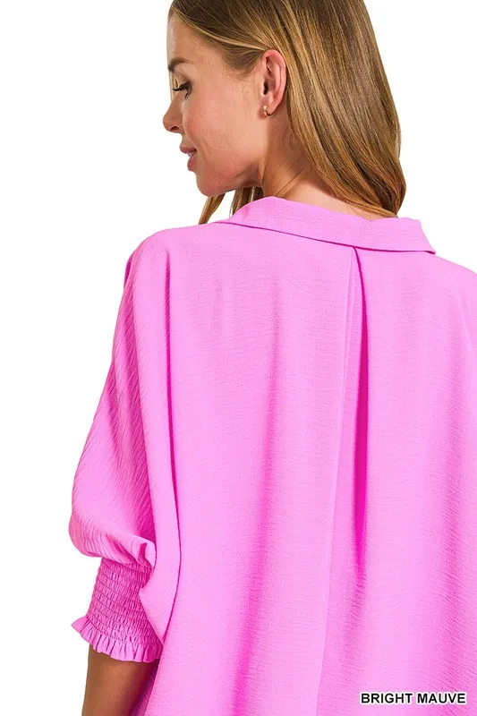 Airflow Collar Tee with Smocked Sleeve Band Top, image 3