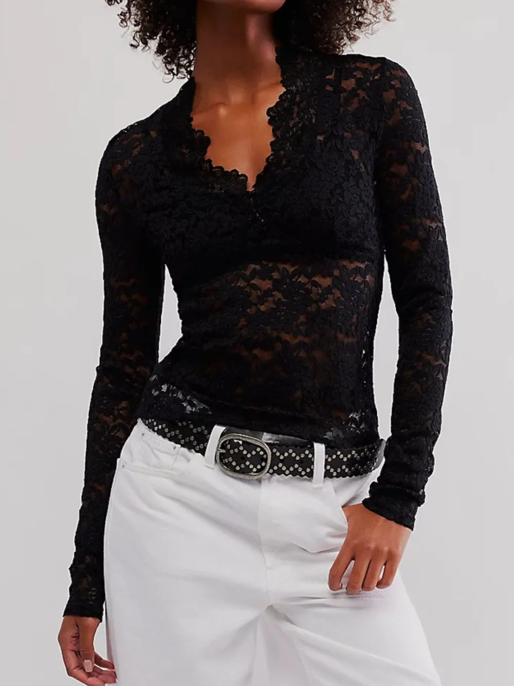 V-Neck Long Sleeve Lace Top, image 2