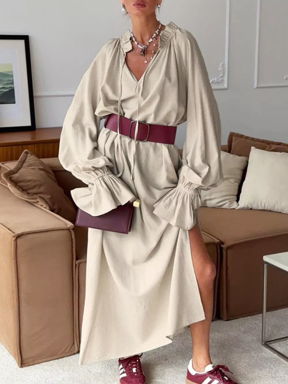 Tie Neck Flounce Sleeve Maxi Dress, image 2