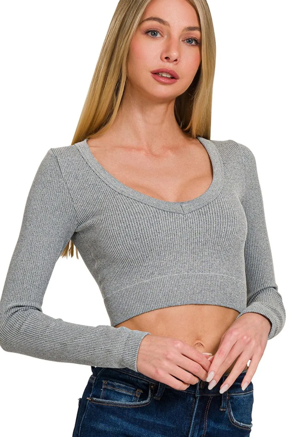 Seamless Fitted Rib V-neck Long Sleeve Crop Top, image 2