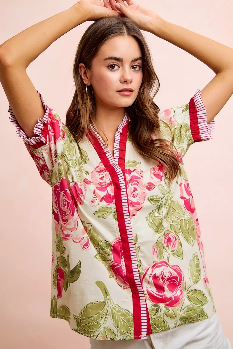 Floral Printed Woven Contrast Edge Ruffled Blouse
