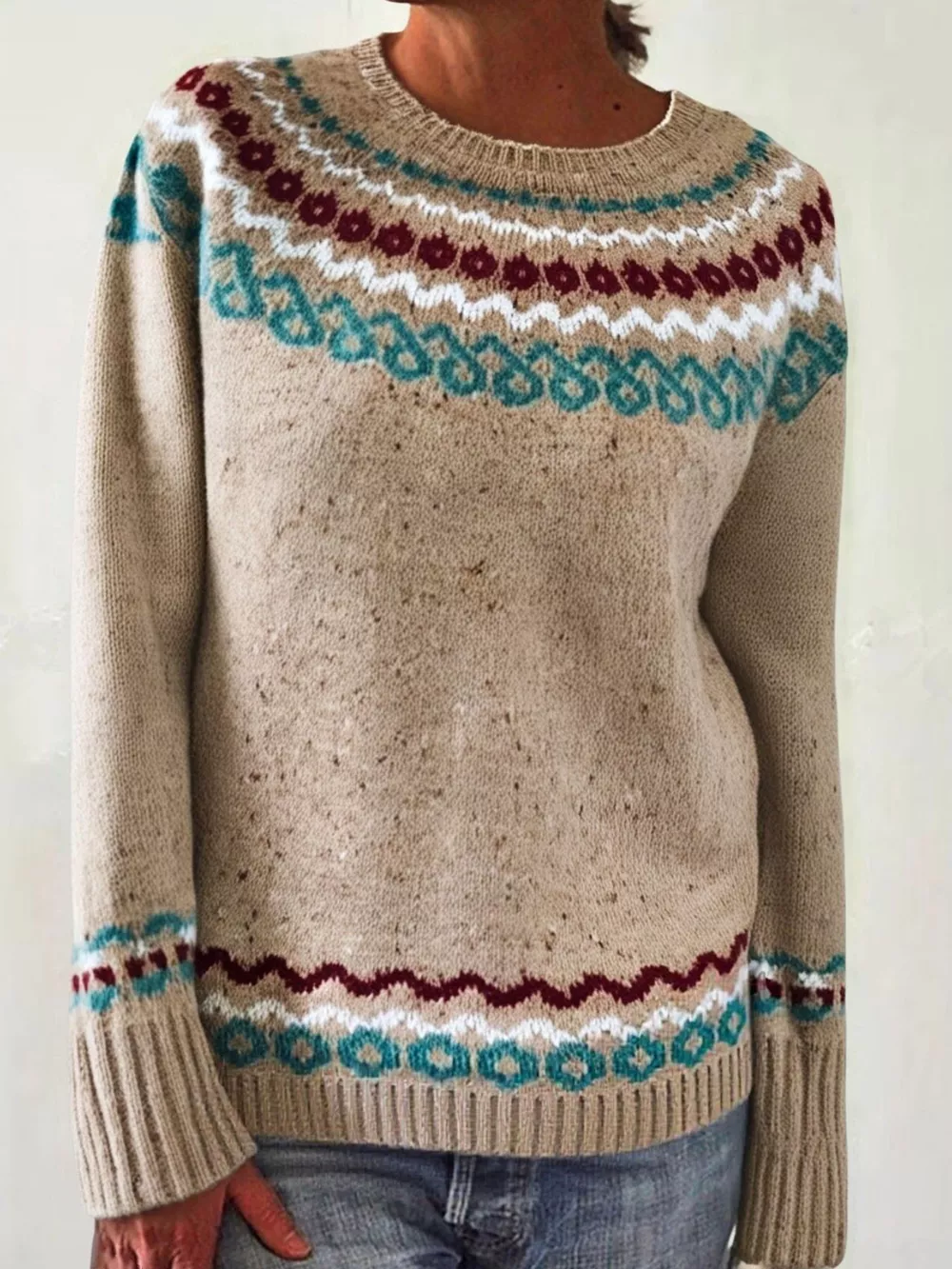 Full Size Vintage Patterned Round Neck Sweater Plus Size, image 4