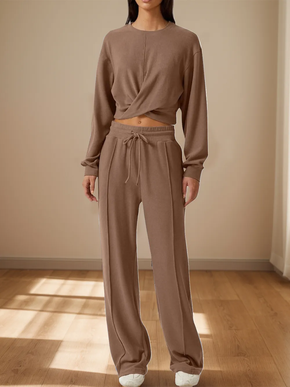 Crisscross Round Neck Top and Drawstring Pants Set, image 2