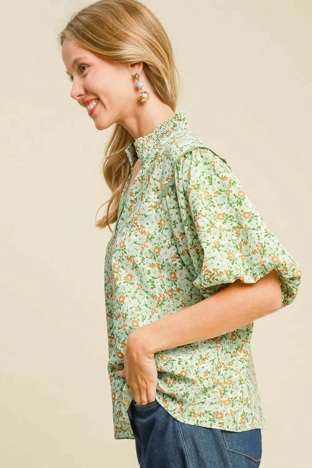 Full Size Floral Print Puff Sleeve Top Plus Size, image 3